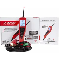 This 4-piece circuit tester is designed for diagnosing electrical circuits in 12 to 24V vehicle systems. It features a brass probe and rubber construction, and includes the Power Probe Maestro. Suitable for testing power, ground, and continuity in automotive and heavy-equipment electrical troubleshooting.