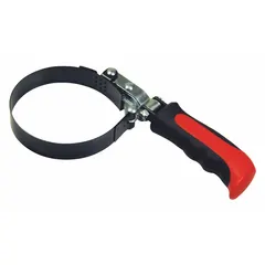 This oil filter strap wrench features a spring steel strap with a 1-inch width for gripping oil filters. The handle is constructed from plastic and rubber, providing a firm hold. It is used for removing stubborn oil filters in automotive and industrial maintenance applications.
