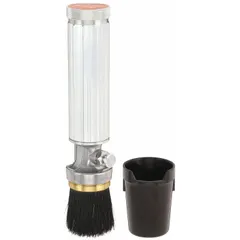 This stencil brush features a 2-inch diameter hog hair replacement head and a 5-inch aluminum handle, with an overall length of 8 3/16 inches. It includes a cover for protection. Designed for applying paint or ink through stencils onto surfaces for marking and labeling in industrial packaging and shipping applications.