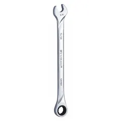 Alloy steel construction with a chrome finish. Features a 5/8 in SAE 12-point ratcheting box end and a standard open end. Overall length of 10 1/8 in. Used for tightening or loosening fasteners in automotive repair, machinery maintenance, and general assembly.