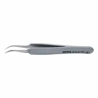 ESD-safe tweezers with a point, bent tip design and 0.09 mm tip thickness. The 45-degree angled-needle point enables access to tight spaces for precision handling of small components in electronics assembly, laboratory work, and fine mechanical tasks