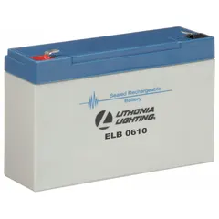 Sealed lead acid battery designed for emergency and exit lighting systems. Provides backup power to maintain illumination during power outages. 6 V, 10 Ah capacity, 2 in overall depth.