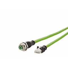 This cordset connects an X-coded M12 male straight connector to an RJ45 male straight connector, with a 5-meter length. It features a green PUR jacket and an IP6X rating, suitable for industrial Ethernet applications requiring high-speed data transmission.