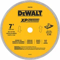 This 7-inch diamond saw blade is designed for wet cutting of tile. It features a 5/8-inch arbor and is compatible with angle grinders and circular saws. Suitable for construction and renovation tasks requiring precise tile cuts.