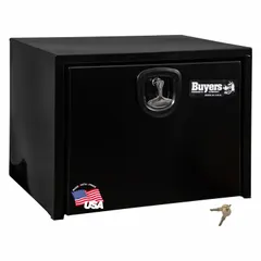 This single drop-down door box from BUYERS PRODUCTS is designed for underbody truck mounting. It features a black finish, 18-inch overall depth, and a keyed lock for secure storage. Suitable for organizing tools and equipment in fleet and service vehicles.