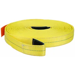 This LIFT-ALL tow strap is constructed from 2-ply polyester with a 30 ft overall length and 2 in width. It features eye attachments on both ends and is rated for heavy duty towing applications. The yellow strap is suitable for vehicle recovery and equipment towing in fleet maintenance and industrial settings.