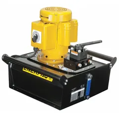 This corded high-power stationary electric hydraulic pump unit delivers a maximum operating pressure of 10,000 psi, a maximum flow rate of 60 cu in/min, and a maximum horsepower of 1 1/2 hp. It features a tandem center design and retract function, suitable for industrial applications such as lifting, pressing, and clamping.