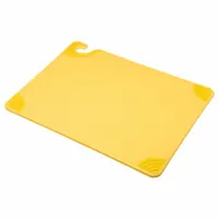 This yellow co-polymer cutting board measures 20 inches in overall length and 15 inches in overall width. It is NSF Certified for sanitation compliance. The board is used for food preparation in commercial kitchens, delis, and food processing facilities; the yellow color helps designate a specific use zone to prevent cross-contamination