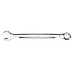 Chrome-finished combination wrench with a 1-inch 12-point SAE head and 13 3/8-inch overall length. Suitable for tightening or loosening hex fasteners in mechanical and industrial settings.