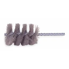 Nylon heavy-deburring brush with 1 in diameter, 0.022 in fill diameter, and 1/4 in stem diameter. Designed for aggressive deburring, cleaning, and surface preparation on all metals. Commonly used in industrial maintenance and fabrication for removing burrs, rust, and scale from tube interiors and other metal surfaces.