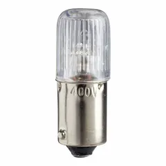 This BA9s single-contact miniature bayonet base lamp has a T3-1/4 tubular bulb shape. It operates at 120V AC and produces white light. Typical applications include indicator lamps in control panels, switchgear, and electrical enclosures.