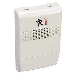 This 24V DC fire alarm horn produces a horn sound for emergency evacuation signaling. It is housed in a white enclosure with overall dimensions of 13/16 in depth and 2 3/4 in width. Suitable for use in commercial and industrial fire alarm systems.