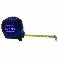 This 16 ft / 5 m tape measure features inch and metric markings with 1/16 in graduations. It has a nonmagnetic single hook tip, manual lock, and a black plastic body with rubberized grip. Suitable for general measuring tasks in construction, maintenance, and fabrication.