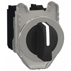 This 30 mm panel-mounting selector switch from the XB4 series features a short-handled knob operator head with plastic construction and a metallic bezel. It offers three positions with momentary/momentary/momentary action, rated at 1.2 A @ 600 V AC and 0.55 A @ 125 V DC. Suitable for industrial control applications such as machine start/stop, mode selection, or manual override in manufacturing and automation systems.