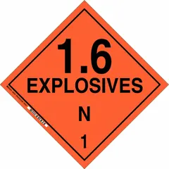 This BRADY placard displays the message '1.6 Explosives N 1' and measures 10 3/4 inches by 10 3/4 inches. It is used for identifying Class 1 explosives on containers during transport and storage, helping to meet regulatory requirements for hazardous material labeling.