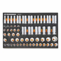 This 67-piece socket set includes 1/2 in drive metric sockets ranging from 8mm to 36mm, with both 12-point and 6-point configurations. The sockets feature a friction ball retention mechanism for secure attachment. Suitable for tightening and loosening fasteners in automotive, industrial, and mechanical applications.