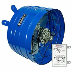 Gable-mount attic exhaust fan with standard-efficiency motor, rated for attics up to 3,000 sq ft. Delivers maximum 1,947 cfm airflow at 120V AC and 1.9 A. Includes thermostat for automatic temperature control and fire safety shutoff. Designed for high-static-pressure applications; vent covers included.