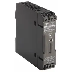 Single-phase DIN Rail mount DC power supply with plastic housing. Accepts 100 to 240 V AC input and delivers 15 W rated output power at 0.65 A. Suitable for powering control devices in industrial panels and automation systems.