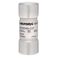Fast-acting bolt-on fuse rated 80 A at 700 V AC and 700 V DC. Designed for overcurrent protection in power electronic circuits such as variable frequency drives, UPS systems, and DC power supplies.