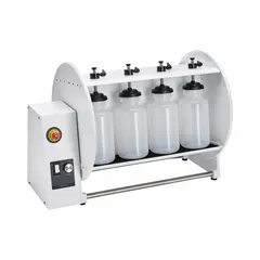 HEIDOLPH lab rotator with speed range 1 RPM to 16 RPM. Includes tension plate and features overheating protection with self-resetting. Standard plug style. Suitable for gentle mixing of samples in bottles, flasks, or tubes in laboratory settings.