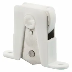 This roller assembly is a replacement part for sliding screen doors, supporting the door panel for smooth horizontal travel along the track. It has an overall height and length of 6 7/16 inches, a white finish, and is sold as a 1 PR unit. Commonly used in residential and light-commercial sliding door systems.