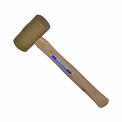 Round brass mallet with a natural finish and wood handle. Non-sparking head for striking applications where marring surfaces must be avoided. Head weight 3 7/8 lb, diameter 2 in, head length 4 in, overall length 13 in.