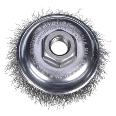 Cup brush with crimped stainless steel wire bristles for light cleaning of stainless steel surfaces. Removes contamination, light rust, and oxidation without compromising corrosion resistance. Suitable for weld cleaning, deburring, and surface preparation. Features a 5/8"-11 arbor hole for use on angle grinders.