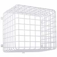 Steel wall fixture guard for indoor emergency lights. White finish, 12 in overall depth and length. Surface mount on wall; includes mounting hardware. Protects devices against theft and vandalism