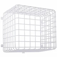 Steel wall fixture guard for indoor emergency lights. White finish, 12 in overall depth and length. Surface mount on wall; includes mounting hardware. Protects devices against theft and vandalism.