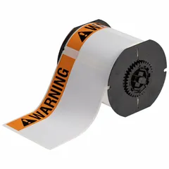 White polyester label roll measuring 6 in x 4 in, with rubber adhesive and halogen-free material properties. Rated for indoor/outdoor use and compatible with i3300 printer series. Used for industrial warning identification on equipment or areas requiring hazard marking.