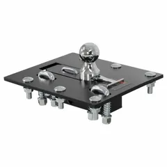 This CURT above the bed gooseneck hitch is constructed with a carbide ball and a powder-coated finish. It features a fixed ball storage design and includes spring-loaded safety chain loops. With a gross trailer weight capacity of 7,500 lb and a tongue capacity of 7,500 lb, it is suited for towing heavy trailers such as livestock, flatbed, or equipment trailers from a pickup truck bed.