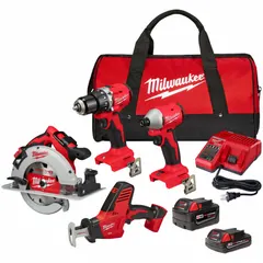 This 18V DC cordless tool combination kit includes four M18 tools, featuring a hammer drill for drilling into masonry. The kit operates on the M18 battery platform and comes with a battery included. Suitable for drilling, driving, and fastening tasks in construction and maintenance applications.