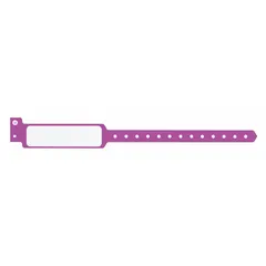 Plastic security wristband in purple, 11 1/2 inches long and 1 3/8 inches wide. Sold in a pack of 500. Blank surface allows custom labeling for access control, event security, or patient identification.