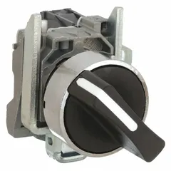 The SCHNEIDER XB4BD21 is a 22 mm panel-mounting selector switch from the XB4 series. It features a short-handled knob with maintained/maintained action and two positions (Off/On). The switch has a metallic bezel, plastic operator head, and is non-illuminated with no cam included. Rated for AC contact at 6 A @ 120 V and DC contact at 0.1 A @ 600 V, it is suitable for industrial on/off control applications in machinery and control panels.