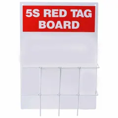 This 5S Red Tag Station is a red/white acrylic board with preprinted English text reading '5S Red Tag Board'. It includes a wire rack and one binder holder, used in lean workplace organization to identify and quarantine unneeded items during 5S audits.