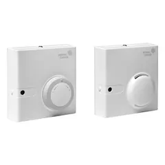 This wall-mount temperature sensor features a plastic conduit-box housing and is designed for single-point measurement. It provides a temperature accuracy of ±0.34°F over a range of -50°F to 250°F. The sensor connects via a modular jack and is compatible with building automation systems for HVAC control in commercial or industrial spaces.