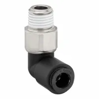 This LEGRIS tube fitting is a BSPT male thread to push-to-connect elbow, made of nylon and nickel-plated brass. It has a 1/4" thread size and 19 mm overall length. Used in pneumatic systems to connect threaded ports to tubing, enabling a 90° direction change