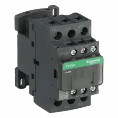 This SCHNEIDER non-reversing IEC contactor is rated for 32 A and features 3 poles with 3 normally open (3NO) contacts. It operates with a 24V AC coil and does not include integrated surge suppression. Typical applications include switching three-phase motors, lighting, and other electrical loads in industrial control panels and power distribution systems.
