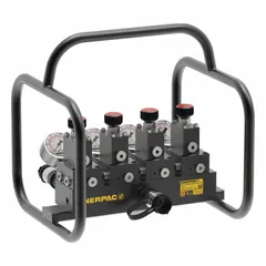 Split flow manifold with 1 inlet and 4 outlet ports, rated for 10,000 psi maximum pressure. Distributes hydraulic flow from a single pump to multiple tools or cylinders for simultaneous operation in industrial and construction applications.