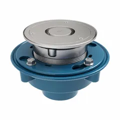 Cast iron floor drain with radial LD design, 8 3/8 in overall diameter and 8 1/4 in overall height. Includes clamp device and push-on connection. Suitable for commercial and industrial drainage in areas such as kitchens, restrooms, and mechanical rooms.