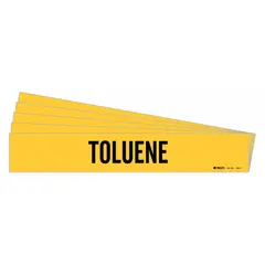 Yellow pipe marker with black legend reading 'Toluene', designed for pipe outer diameters from 2-1/2 to 7-7/8 inches. Each pack contains 5 markers without directional arrows. Used to identify piping systems carrying toluene in industrial facilities.
