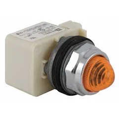 Amber LED pilot light from the SCHNEIDER 9001K Series, designed for 30 mm panel mounting. Provides visual status indication for industrial control panels, signaling machine status or alarm conditions. No push-to-test feature included.