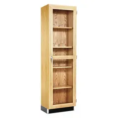 This tall cabinet is designed for storing microscopes and other laboratory instruments. Constructed with glass and oak, it provides visibility while protecting contents from dust. With a height of 7 ft, width of 24 in, and depth of 16 in, it offers ample vertical storage. Suitable for use in labs, educational settings, and healthcare facilities.