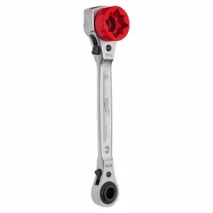 Chrome-finished steel SAE double-end ratcheting box end wrench with 12-point heads. Head sizes: 1 in, 3/4 in, 1 1/8 in, 9/16 in. Reversing and tether-ready for use in maintenance, repair, and assembly applications.
