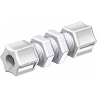 Polypropylene compression tube fitting for connecting tubing of equal outside diameter. Suitable for use in potable water systems and fluid transfer applications where a leak-tight seal is required. NSF 61 Listed. Sold as a 5-pack