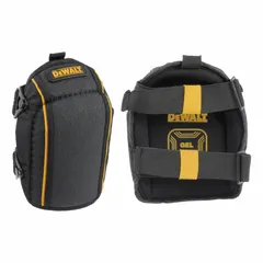 DEWALT swivel knee pads with fabric cap, high-density gel padding, and elastic straps with clip closure. Black finish. Contains latex. Suitable for flooring, tiling, carpentry, and other low-level work requiring knee protection.