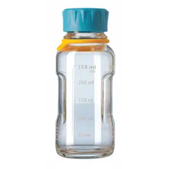 This 250 mL glass media bottle features a colorless body and a wide mouth with a GL45 screw-on closure included. Designed for general laboratory storage and handling of culture media, buffers, and aqueous solutions. Height: 158 mm.