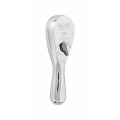 This standard-head ratchet has a 3-inch overall length and a 4° minimum arc swing, suitable for accessing fasteners in confined spaces. The chrome finish resists corrosion, and the reversible mechanism allows for tightening and loosening. It is non-magnetic and features a pear-shaped head.