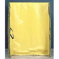 This roll-up welding screen is made of yellow vinyl, measuring 5 feet in height and 6 feet in width. It is used to contain sparks, UV radiation, and welding flash, creating a protective barrier around welding stations in industrial environments