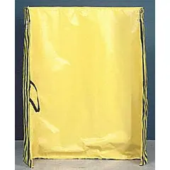 This roll-up welding screen is made of yellow vinyl, measuring 5 feet in height and 6 feet in width. It is used to contain sparks, UV radiation, and welding flash, creating a protective barrier around welding stations in industrial environments.